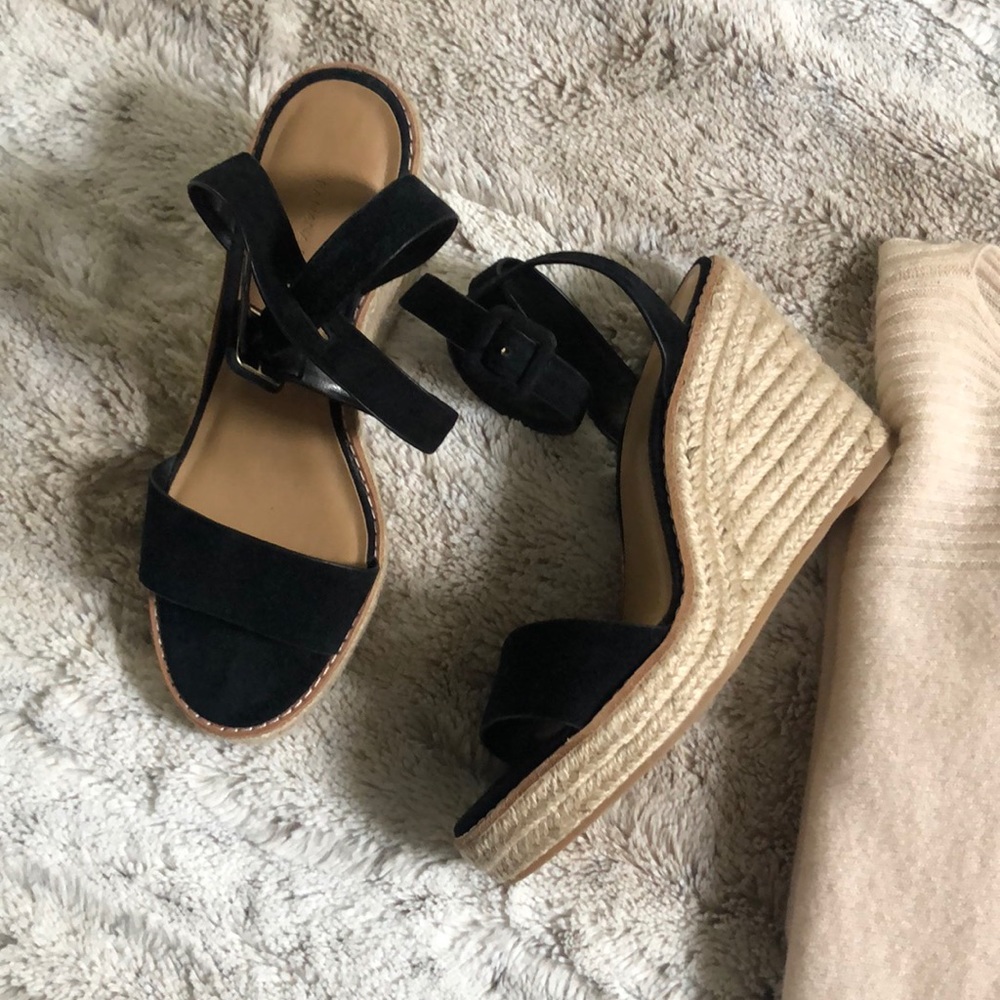 Banana Republic Black Leather Ankle Strap Wedge Espadrille Sandals